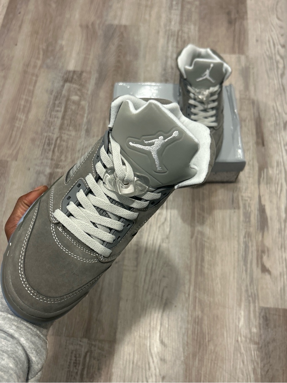Jordan 5 wolf Grey Suede Retro Sneaker with White Accents